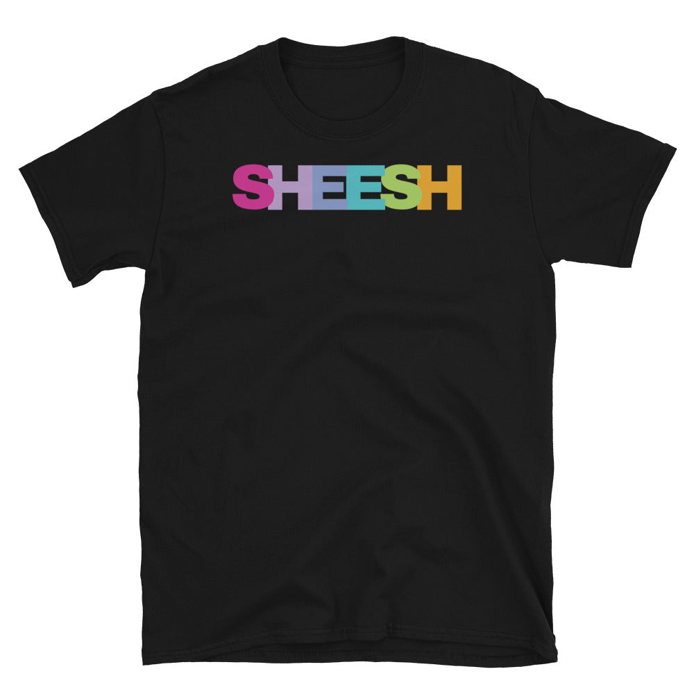 Funny sheesh meme t-shirt in rainbow colours on this black cotton t-shirt  by BillingtonPix