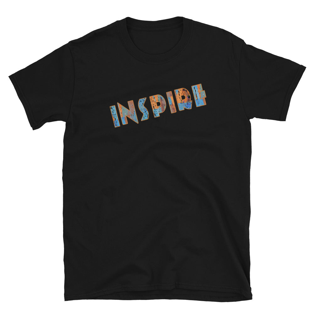 Inspirational slogan graphic Inspire t shirt with the single word Inspire filled with vintage pattern burnt orange, turquoise blue and taupe tones and displayed on this black cotton t-shirt by BillingtonPix in an energetic diagonal slant 