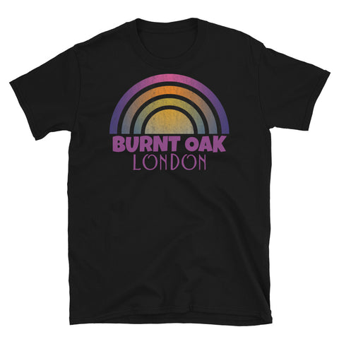 Retrowave and Vaporwave 80s style graphic vintage sunset design tee depicting the London neighbourhood of Burnt Oak on this black cotton t-shirt