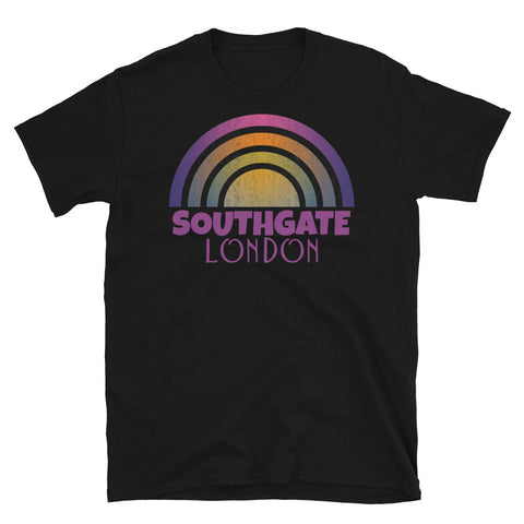 Retrowave and Vaporwave 80s style graphic vintage sunset design tee depicting the London neighbourhood of Southgate on this black cotton t-shirt