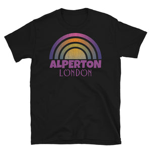 Retrowave and Vaporwave 80s style graphic vintage sunset design tee depicting the London neighbourhood of Alperton on this black cotton t-shirt