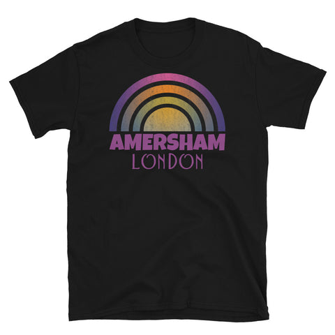 Retrowave and Vaporwave 80s style graphic vintage sunset design tee depicting the London neighbourhood of Amersham on this black cotton t-shirt