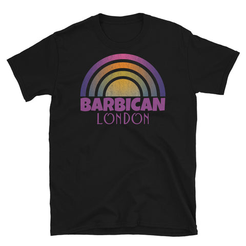 Retrowave and Vaporwave 80s style graphic vintage sunset design tee depicting the London neighbourhood of Barbican on this black cotton t-shirt