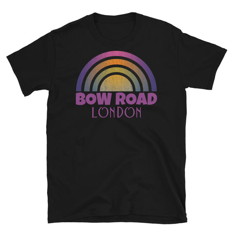 Retrowave and Vaporwave 80s style graphic vintage sunset design tee depicting the London neighbourhood of Bow Road on this black cotton t-shirt