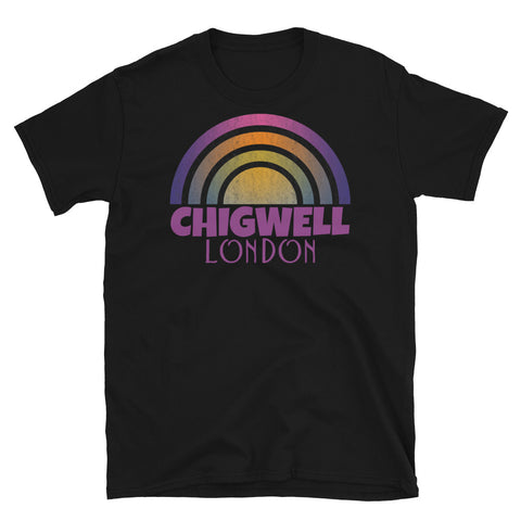 Retrowave and Vaporwave 80s style graphic vintage sunset design tee depicting the London neighbourhood of Chigwell on this black cotton t-shirt
