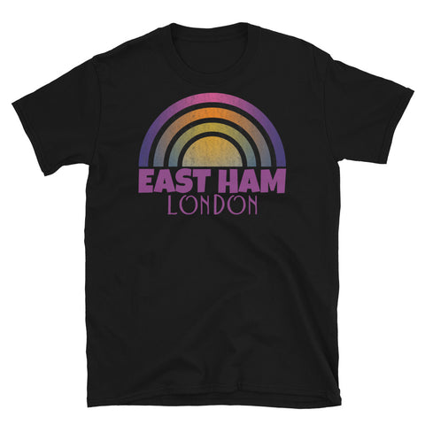 Retrowave and Vaporwave 80s style graphic vintage sunset design tee depicting the London neighbourhood of East Ham on this black cotton t-shirt
