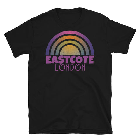 Retrowave and Vaporwave 80s style graphic vintage sunset design tee depicting the London neighbourhood of Eastcote on this black souvenir cotton t-shirt