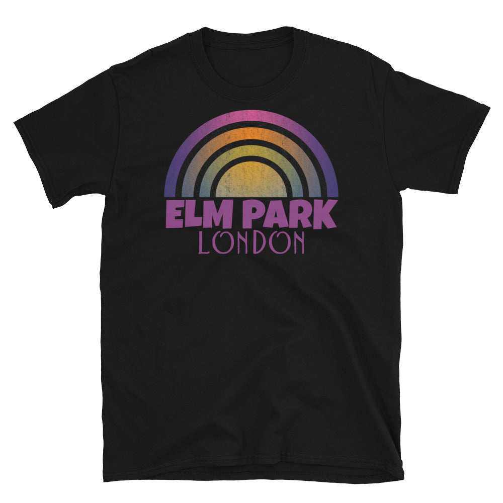 Retrowave and Vaporwave 80s style graphic vintage sunset design tee depicting the London neighbourhood of Elm Park on this black souvenir cotton t-shirt