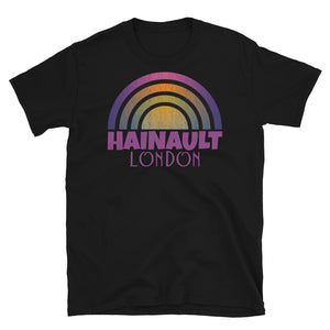 Retrowave and Vaporwave 80s style graphic vintage sunset design tee depicting the London neighbourhood of Hainault on this black souvenir cotton t-shirt