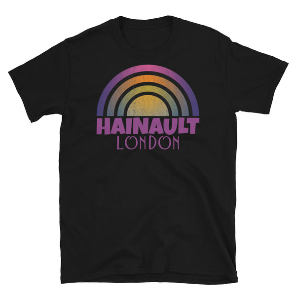 Retrowave and Vaporwave 80s style graphic vintage sunset design tee depicting the London neighbourhood of Hainault on this black souvenir cotton t-shirt