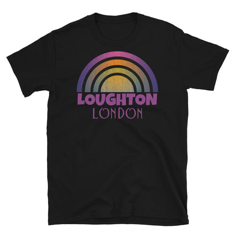 Retrowave and Vaporwave 80s style graphic vintage sunset design tee depicting the London neighbourhood of Loughton on this black souvenir cotton t-shirt