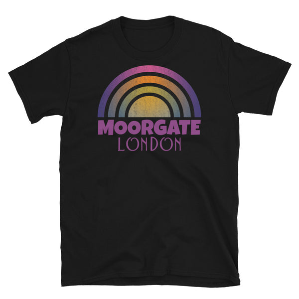 Retrowave and Vaporwave 80s style graphic vintage sunset design tee depicting the London neighbourhood of Moorgate on this black souvenir cotton t-shirt
