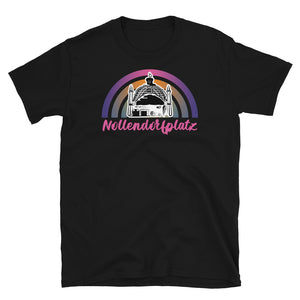 Cartoon outline of the U-Bahn station dome overlaying our concentric sunset graphic design in pinks, orange and purple with the word Nollendoftplatz written beneath in pink cursive font on this black cotton graphic t-shirt by BillingtonPix