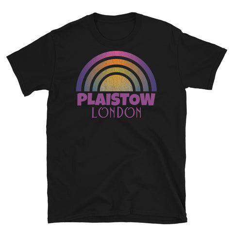 Retrowave and Vaporwave 80s style graphic vintage sunset design tee depicting the London neighbourhood of Plaistow on this black souvenir cotton t-shirt