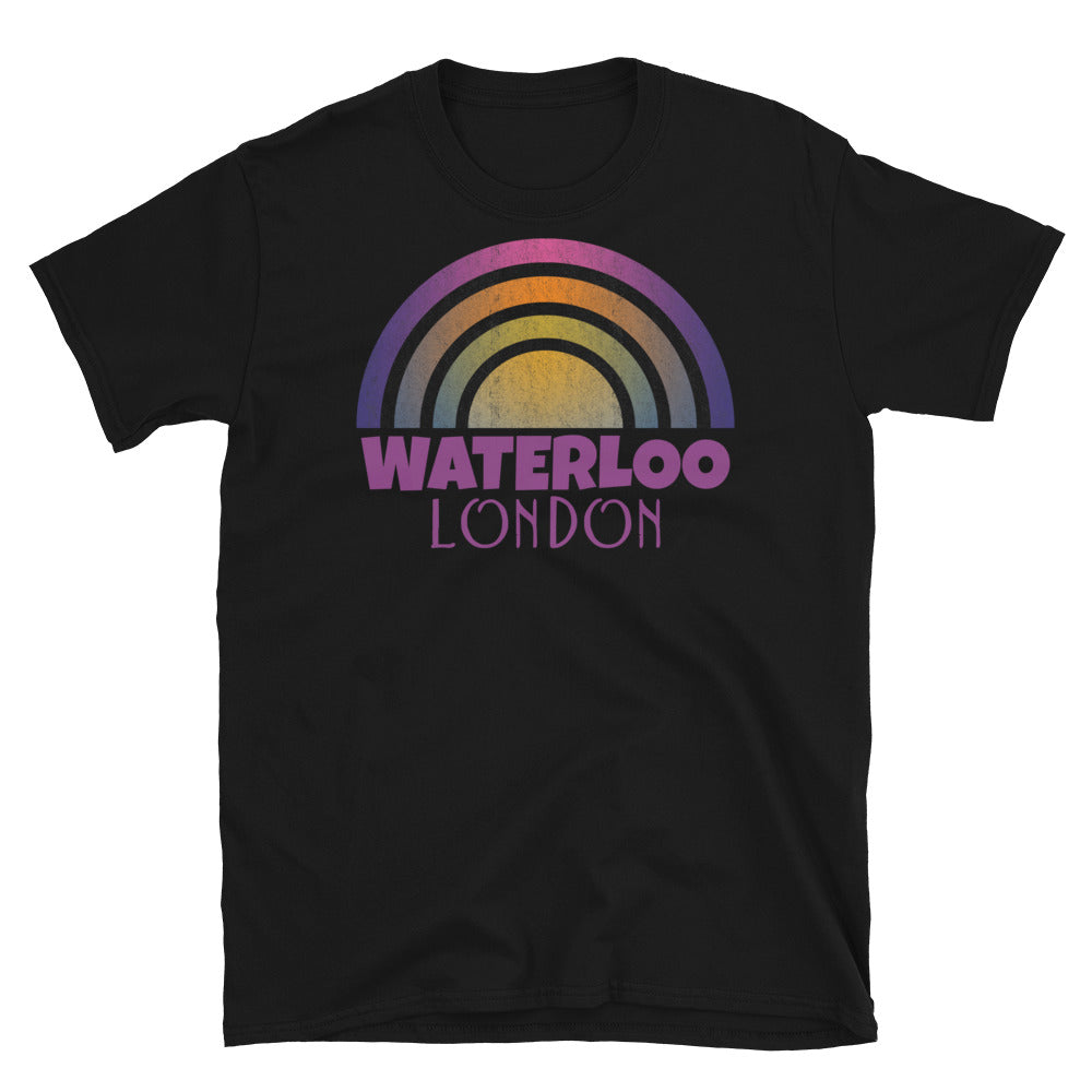 Retrowave and Vaporwave 80s style graphic gritty vintage sunset design tee depicting the London neighbourhood of Waterloo on this black souvenir cotton t-shirt