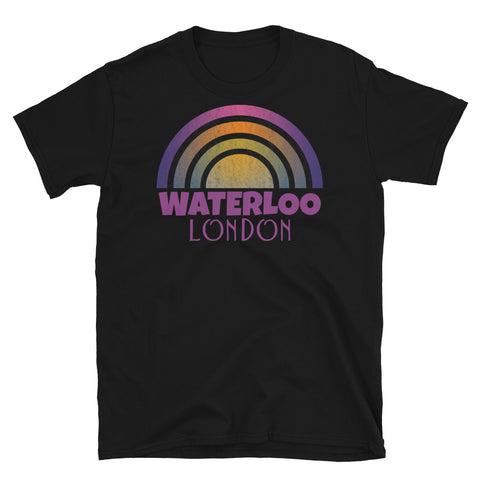 Retrowave and Vaporwave 80s style graphic gritty vintage sunset design tee depicting the London neighbourhood of Waterloo on this black souvenir cotton t-shirt