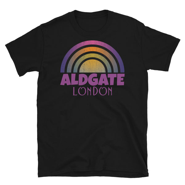 Retrowave and Vaporwave 80s style graphic gritty vintage sunset design tee depicting the London neighbourhood of Aldgate on this black souvenir cotton t-shirt