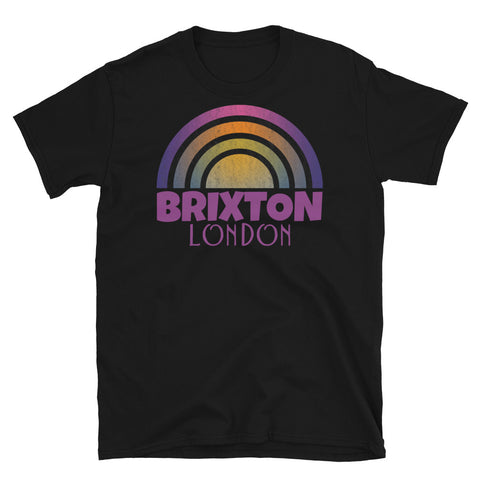 Retrowave and Vaporwave 80s style graphic gritty vintage sunset design tee depicting the London neighbourhood of Brixton on this black souvenir cotton t-shirt
