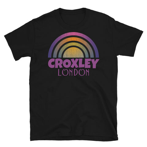 Retrowave and Vaporwave 80s style graphic gritty vintage sunset design tee depicting the London neighbourhood of Croxley on this black souvenir cotton t-shirt