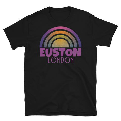 Retrowave and Vaporwave 80s style graphic gritty vintage sunset design tee depicting the London neighbourhood of Euston on this black souvenir cotton t-shirt