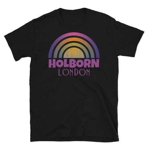 Retrowave and Vaporwave 80s style graphic gritty vintage sunset design tee depicting the London neighbourhood of Holborn on this black souvenir cotton t-shirt