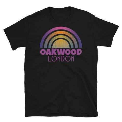 Retrowave and Vaporwave 80s style graphic gritty vintage sunset design tee depicting the London neighbourhood of Oakwood on this black souvenir cotton t-shirt