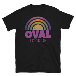 Retrowave and Vaporwave 80s style graphic gritty vintage sunset design tee depicting the London neighbourhood of Oval on this black souvenir cotton t-shirt