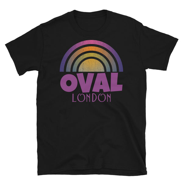 Retrowave and Vaporwave 80s style graphic gritty vintage sunset design tee depicting the London neighbourhood of Oval on this black souvenir cotton t-shirt