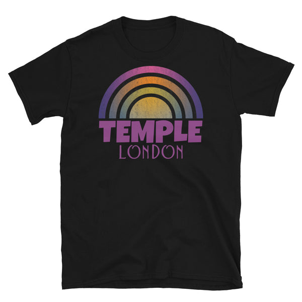 Retrowave and Vaporwave 80s style graphic gritty vintage sunset design tee depicting the London neighbourhood of Temple on this black souvenir cotton t-shirt