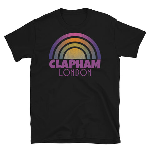 Retrowave and Vaporwave 80s style graphic gritty vintage sunset design tee depicting the London neighbourhood of Clapham on this black souvenir cotton t-shirt