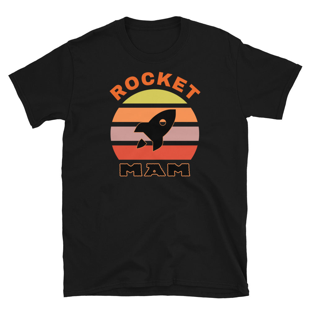 Rocket Mam funny graphic t-shirt with a black rocket outline against a vintage sunset graphic design in yellow, orange, pink and scarlet on this black cotton t-shirt by BillingtonPix