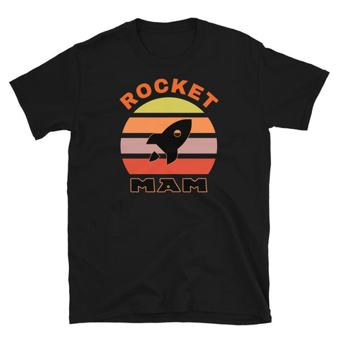 Rocket Mam funny graphic t-shirt with a black rocket outline against a vintage sunset graphic design in yellow, orange, pink and scarlet on this black cotton t-shirt by BillingtonPix
