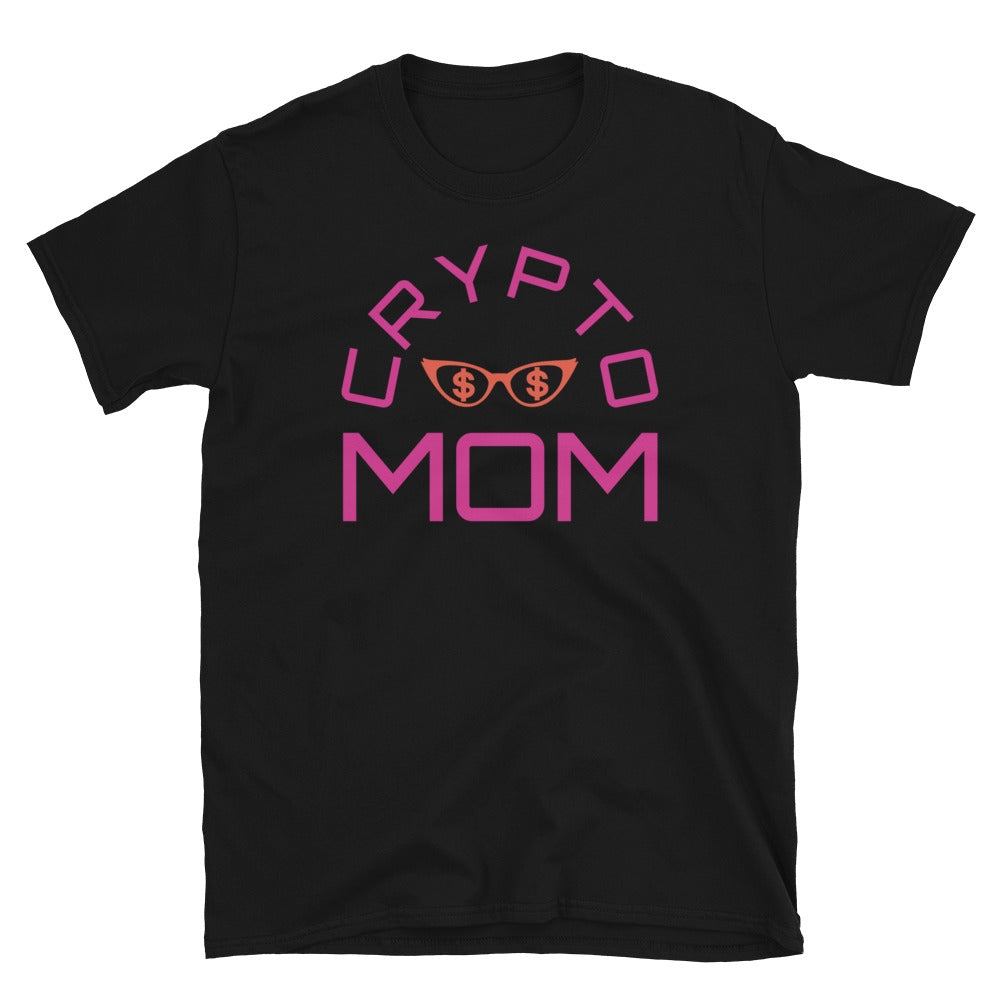 Crypto Mom funny graphic meme t-shirt with the words Crypto Mom in pink font and a pair of orange female glasses containing dollar or $ signs on this black cotton short sleeved t-shirt by BillingtonPix