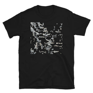 Gritty urban graphic black cotton t-shirt with decayed newspaper effect graphic by BillingtonPix