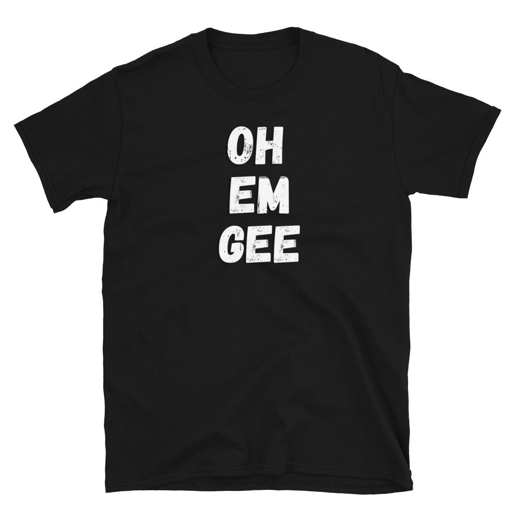 Funny Oh Em Gee t-shirt as an alternative to OMG in distressed white block font on this black cotton t-shirt by BillingtonPix