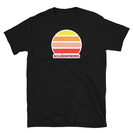 LGBT themed graphic t-shirt featuring vintage sunset graphic and the Berlin place name SchÃ¶neberg written underneath on this black cotton t-shirt by BillingtonPix