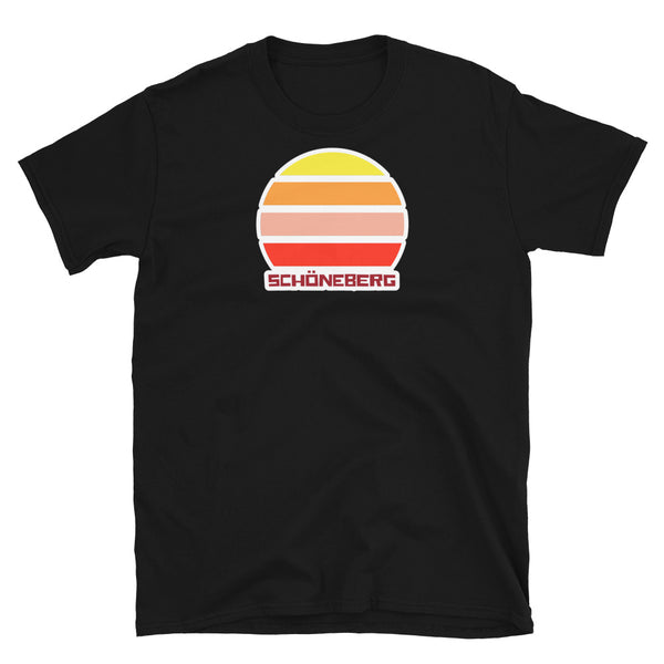 LGBT themed graphic t-shirt featuring vintage sunset graphic and the Berlin place name Schöneberg written underneath on this black cotton t-shirt by BillingtonPix