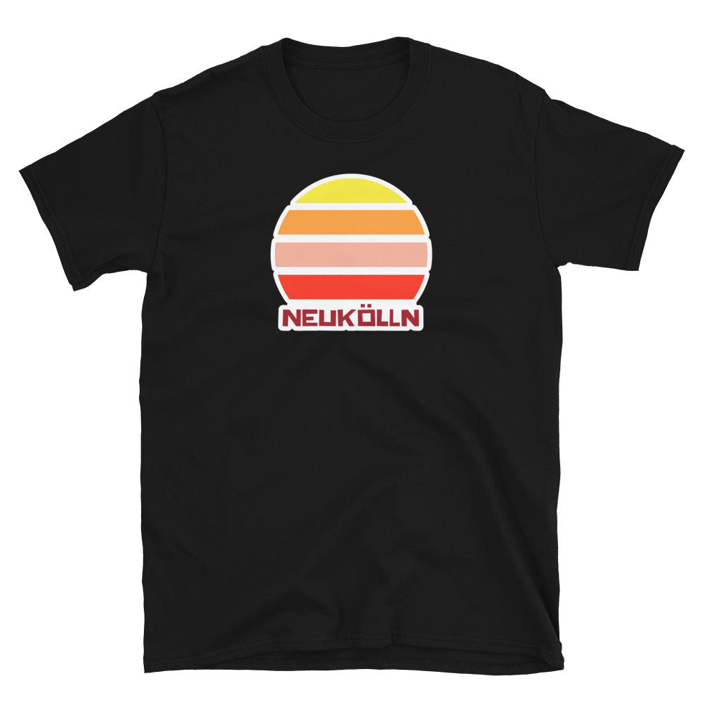 Neukölln Berlin LGBT themed t-shirt with a vintage sunset graphic in yellow, orange, pink and scarlet and the place name Kreuzberg beneath on this black cotton t-shirt by BillingtonPix