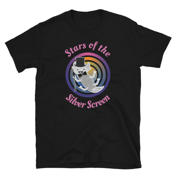 Super cute black and white dancing axolotl with top hat, bow-tie and cane in front of a contrasting metallic coloured concentric circular design. The image is surrounded by the phrase Stars of the Silver Screen in pink font on this black cotton graphic t-shirt by BillingtonPix