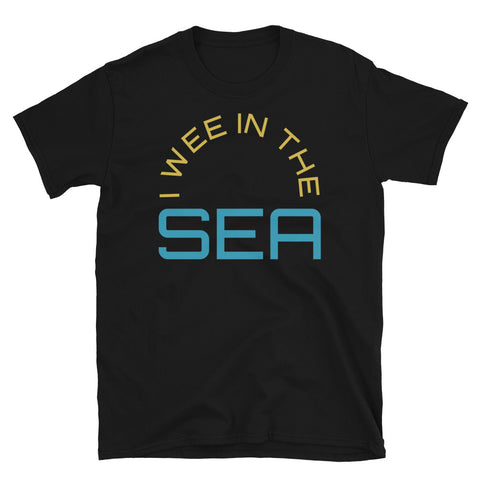 Funny meme slogan t-shirt containing the phrase I Wee in the Sea in yellow and blue font on this black t-shirt by BillingtonPix