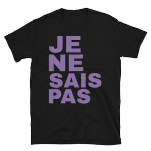 Slogan t-shirt with the phrase Je ne sais pas in mauve left aligned block font  on this black cotton tee by BillingtonPix