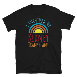 Celebration kidney transplant t shirt with the slogan I Survived My Kidney Transplant surrounding a vintage sunset in concentric  circles on this black cotton t-shirt by BillingtonPix