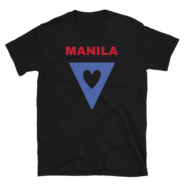 Manila slogan featuring a blue triangular shaped flag containing a cutout heart on this black t-shirt by BillingtonPix