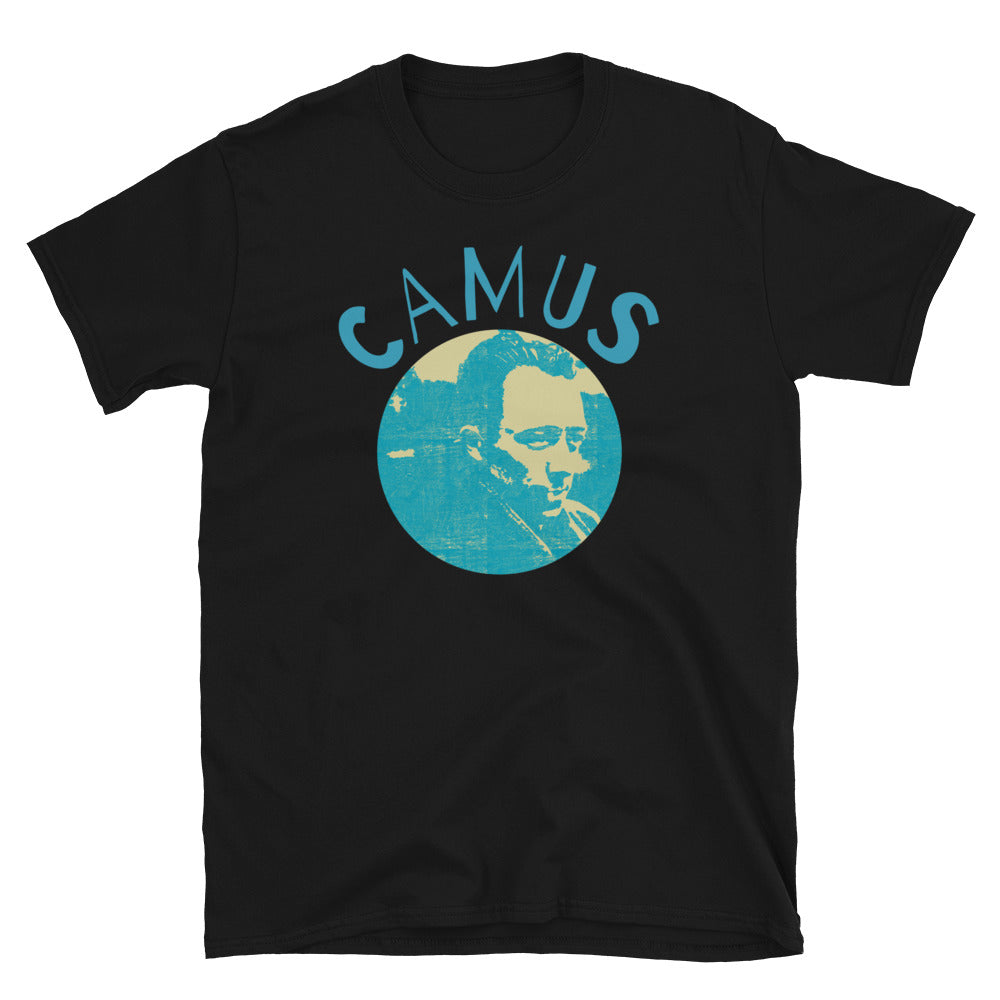 Circular image of Camus in a retro blue faded outline against a cream background with the word Camus wrapped around the top on this black cotton t-shirt by BillingtonPix