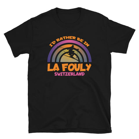 I'd Rather Be in La Fouly Switzerland vintage sunset concentric circles design with silhouetted skier on this black cotton t-shirt