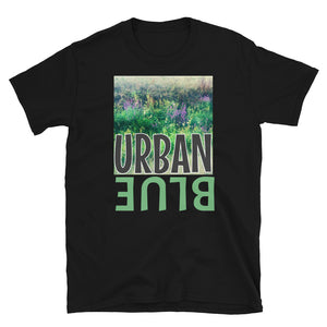 Graphic t-shirt showing a photographic nature scene of wild flowers with the word URBAN overlaid on top and the word BLUE in green font and mirrored format below on this black cotton tee by BillngtonPix
