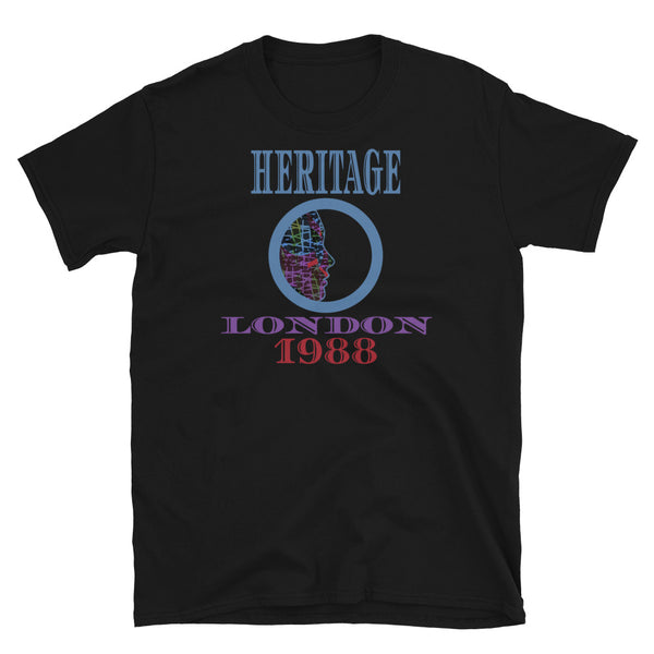 Graphic t-shirt with a patterned profile face in abstract design, tones of blue, green, purple, red, in circular format, with the words Heritage London 1988 in blue, purple and red on this black cotton t-shirt by BillingtonPix