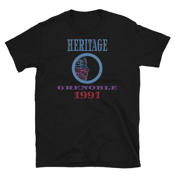 Graphic t-shirt with a patterned profile face in abstract design, tones of blue, green, purple, red, in circular format, with the words Heritage Grenoble 1991 in blue, purple and red on this black cotton t-shirt by BillingtonPix