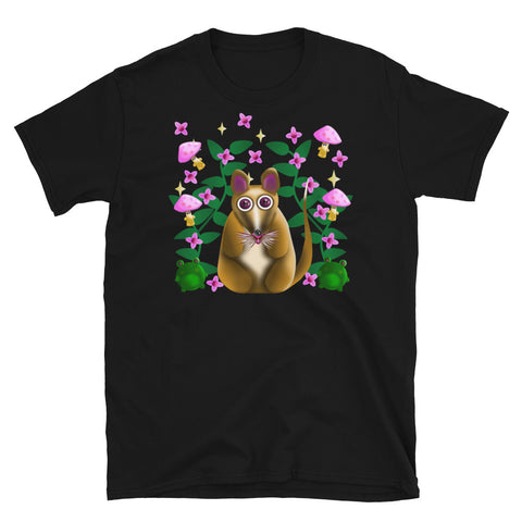 Mouse in the woods on this cute kawaii cottagecore graphic design t-shirt with the theme of the English countryside. Features a large mouse in the centre, flanked by two grumpy frogs and four mushrooms with pink blossom and green leaves on this black cotton t-shirt by BillingtonPix
