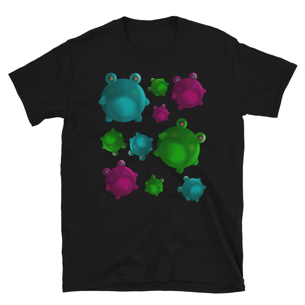 Multicoloured jumbled falling frogs with a grumpy expression in this Japanese kawaii style black cotton t-shirt by BillingtonPix
